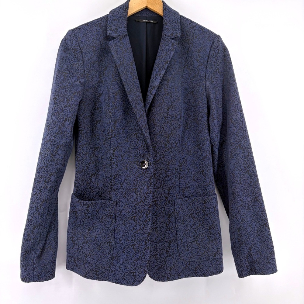 T Tahari Womens Navy Blue Black Floral Jacquard One Button Blazer Jacket Size 2